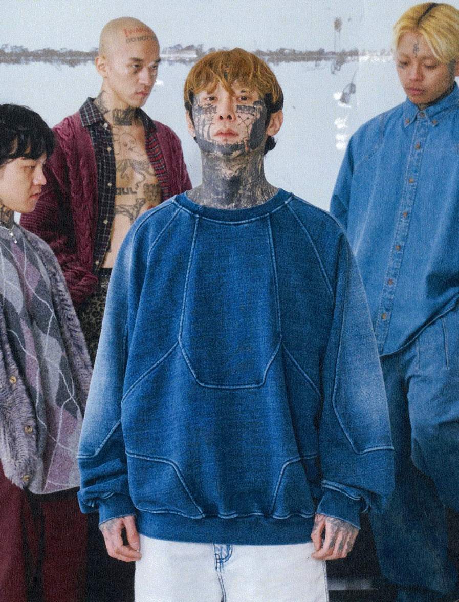 【AJO AJOBYAJO】24FW★ Paneled Denim Sweatshirt AJOBYAJO Paneled Denim Sweatshirt Blue – HYPNOTISE