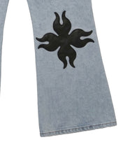Load image into Gallery viewer, Adlielos A403 Helltail Cross Leather-Patch Flare Jeans Light Blue
