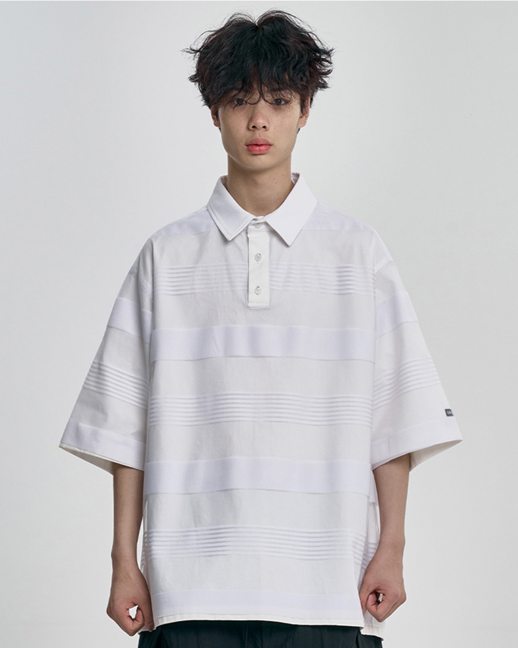 AJOBYAJO Stripe Mesh Layered Polo Shirt White
