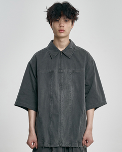 AJOBYAJO Paneled Zip-Up Shirt Charcoal