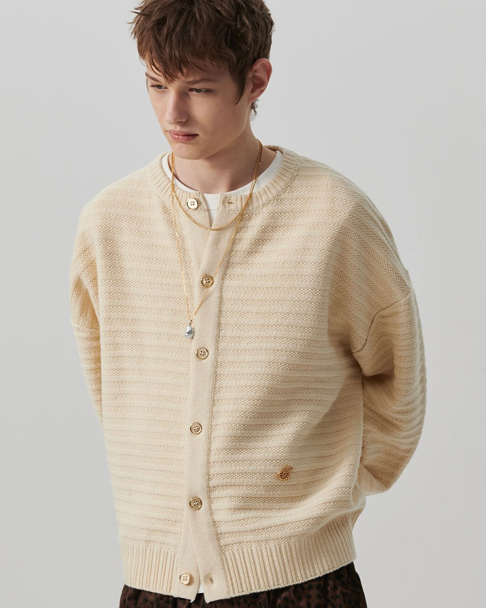 Beyond Closet New Classic Cable Detail Wool Blended Cardigan Ivory