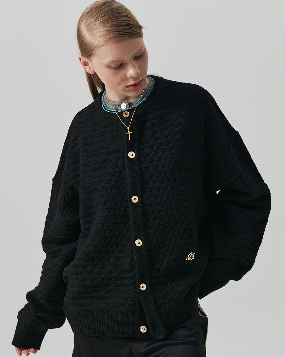Beyond Closet New Classic Cable Detail Wool Blended Cardigan Black