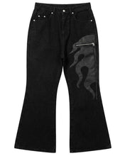 将图片加载到图库查看器，Adlielos A402 Fireball Leather Patch Flare Jeans Black
