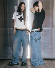 Load image into Gallery viewer, Adlielos A602 Born To Burn Graphic Reverse Wide Denim Pants Vintage Mid Blue
