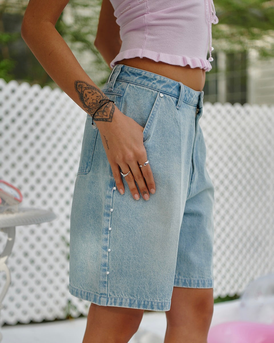 Bitter Cells Rachel Pearl Denim Shorts Light Blue